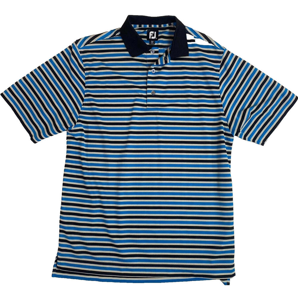 Footjoy FJ Polo Shirt mens Medium Blue White black striped‎ Short Sleeve Golf